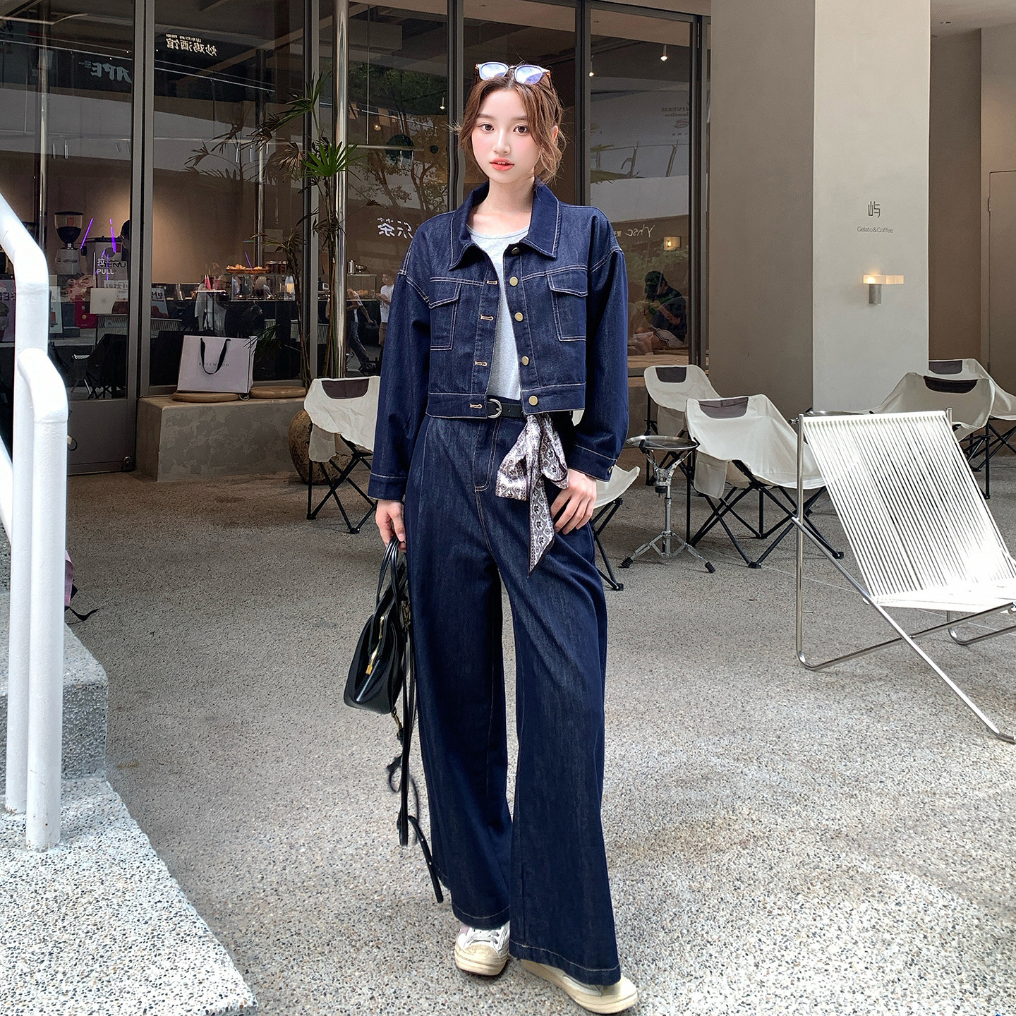 休闲风长袖复古牛仔套装女2026秋季新款设计感短外套阔腿裤两件套