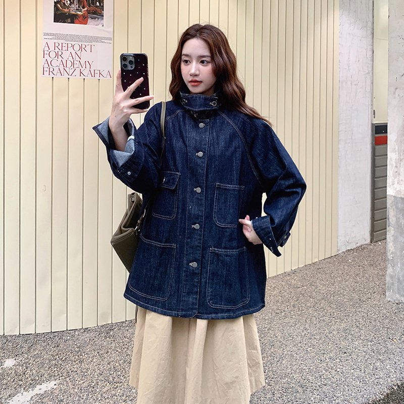 复古宽松oversize休闲牛仔工装外套新款女春秋季翻领大方得体夹克