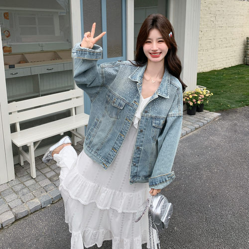 韩系复古烫钻短款牛仔外套女