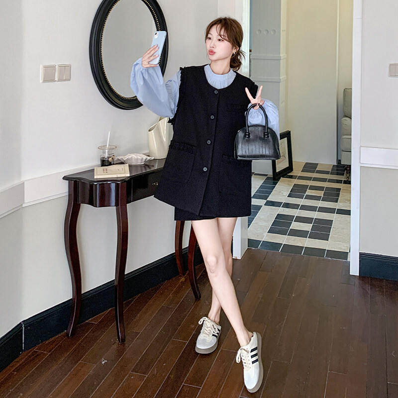 韩系衬衫木耳拼接马甲短裙套装女