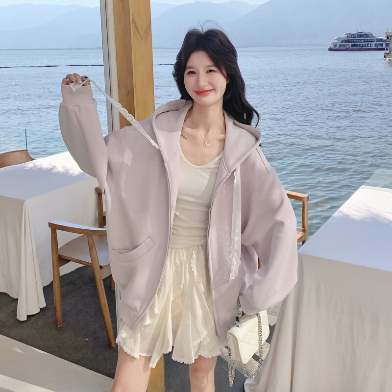 蕾丝抽绳连帽廓形休闲卫衣外套女