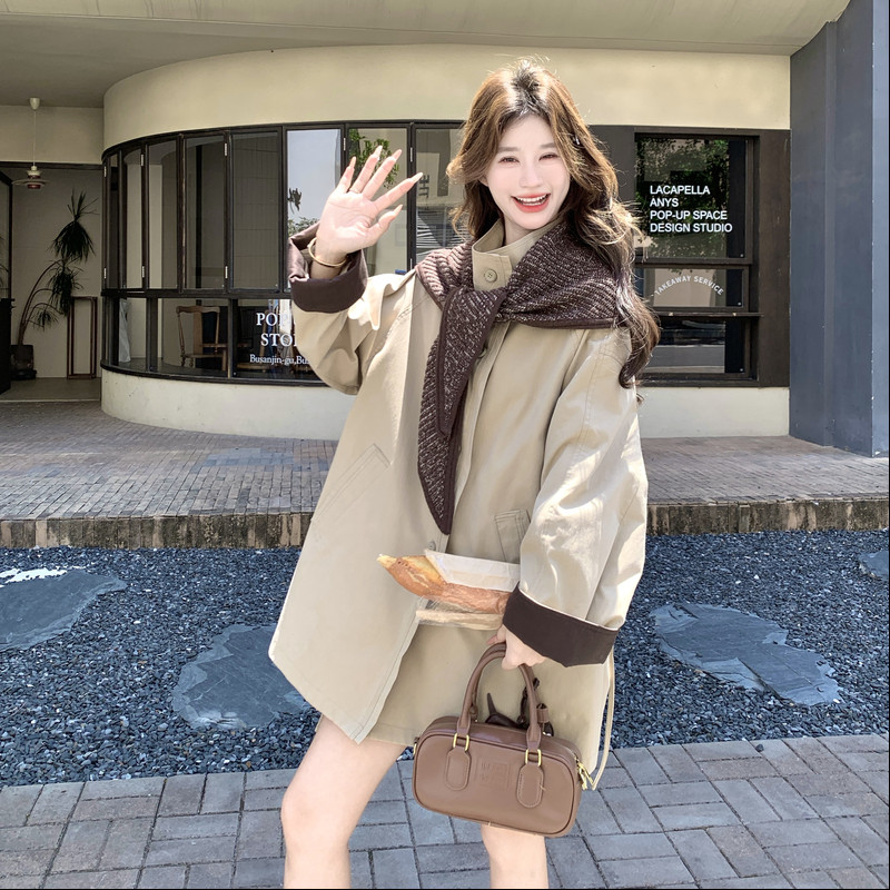 韩版卡其色披肩风衣外套女秋季2026新款中长款翻领休闲风气质上衣