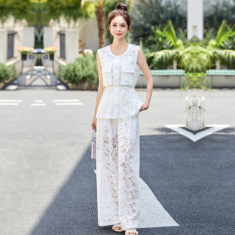 夏天搭配一整套时尚蕾丝阔腿裤套装女高级感网红炸街小洋装三件套