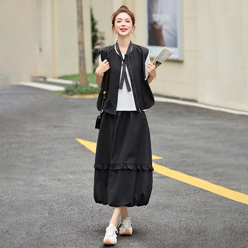 慵懒风宽松马甲半身裙套装女夏季休闲高级感气质时尚花苞裙三件套