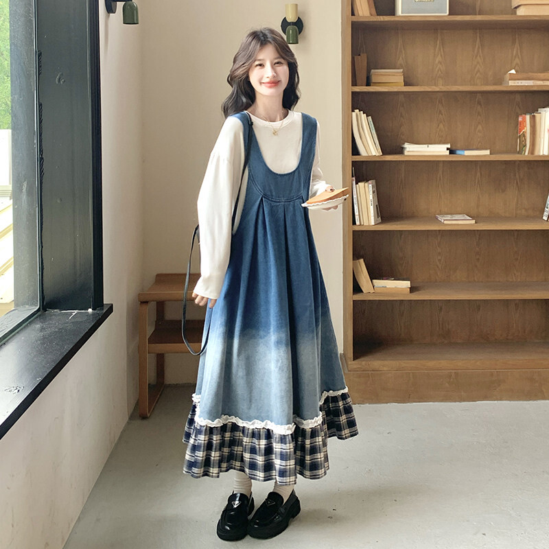 韩系学院风渐变牛仔背带连衣裙女