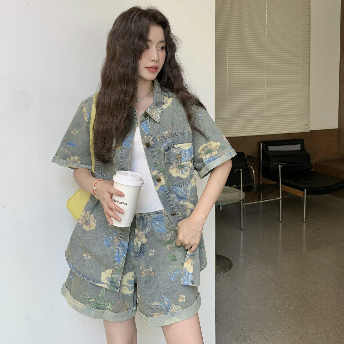 港风复古宽松印花短袖牛仔衬衫套装女夏季新款小个子短裤两件套潮