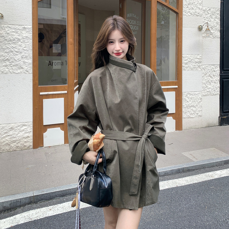 韩系纯色立领系带中长款风衣女