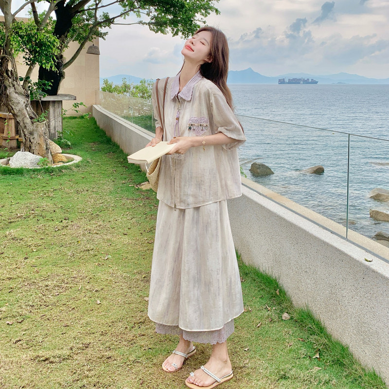 镂空翻领短袖衬衫半身裙