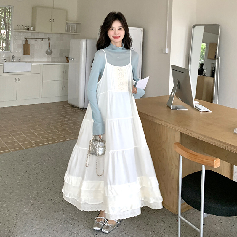 韩版蓝色温柔风拼接花苞吊带裙女