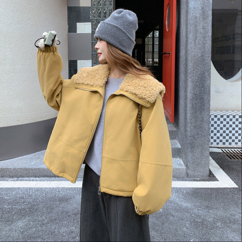 黄色高端洋气短款羊羔毛翻领夹棉外套女冬季2026新款超火棉服棉衣