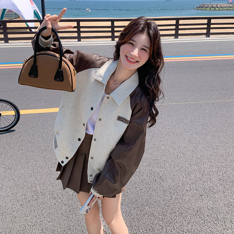 美式复古PU皮拼接夹克外套女
