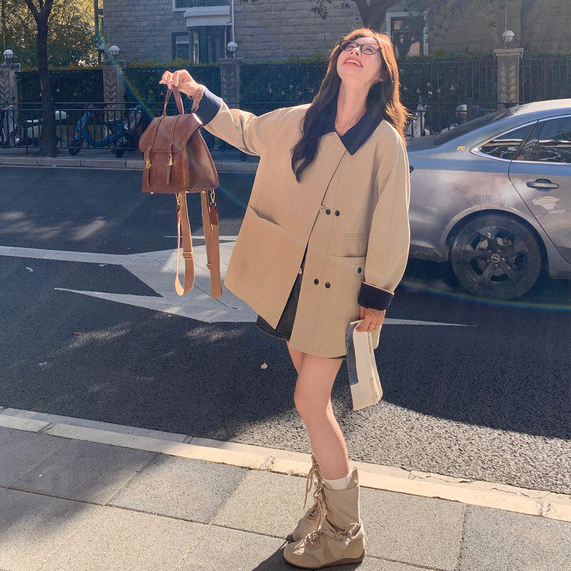 卡其色韩版中长款风衣外套女2026春秋新款拼色宽松显瘦双排扣大衣