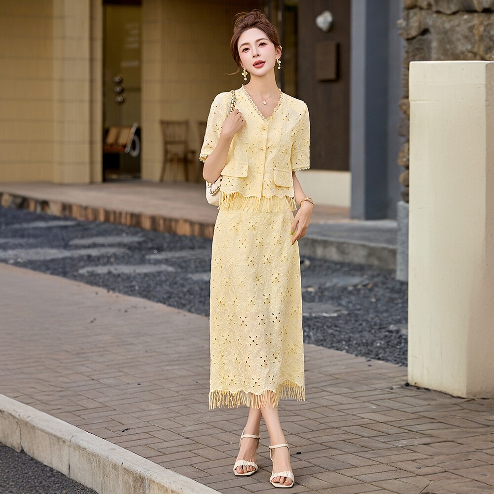 小香风气质镂空蕾丝流苏小衫上衣搭配半身裙两件套女夏装长裙套装