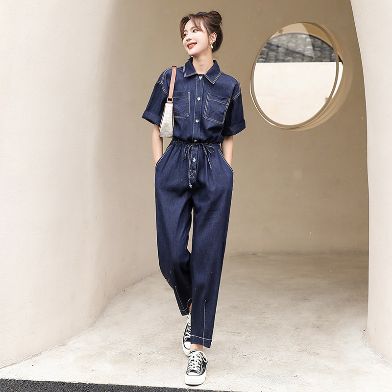 工装牛仔连体裤女夏装新款时尚休闲减龄高腰修身薄款直筒连衣裤潮