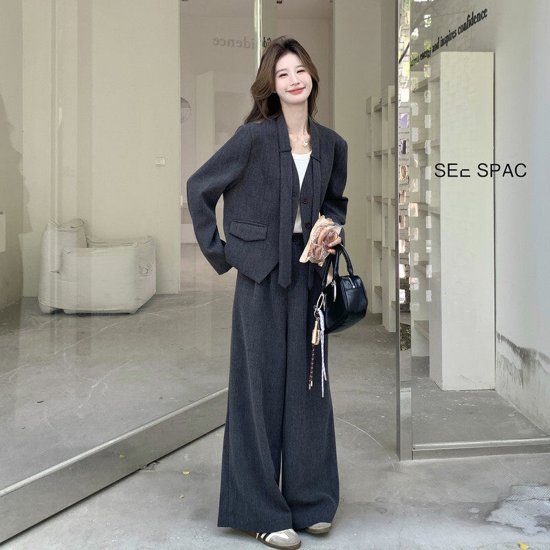 韩系通勤气质西装套装女2026秋季新款高级感时尚显瘦阔腿裤两件套