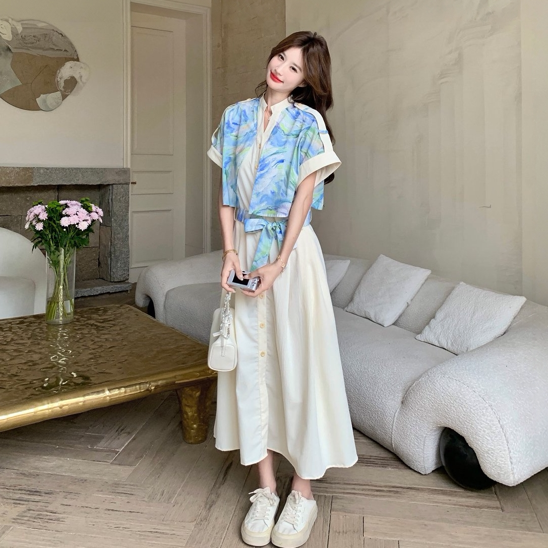 短袖印花拼接收腰衬衫裙女
