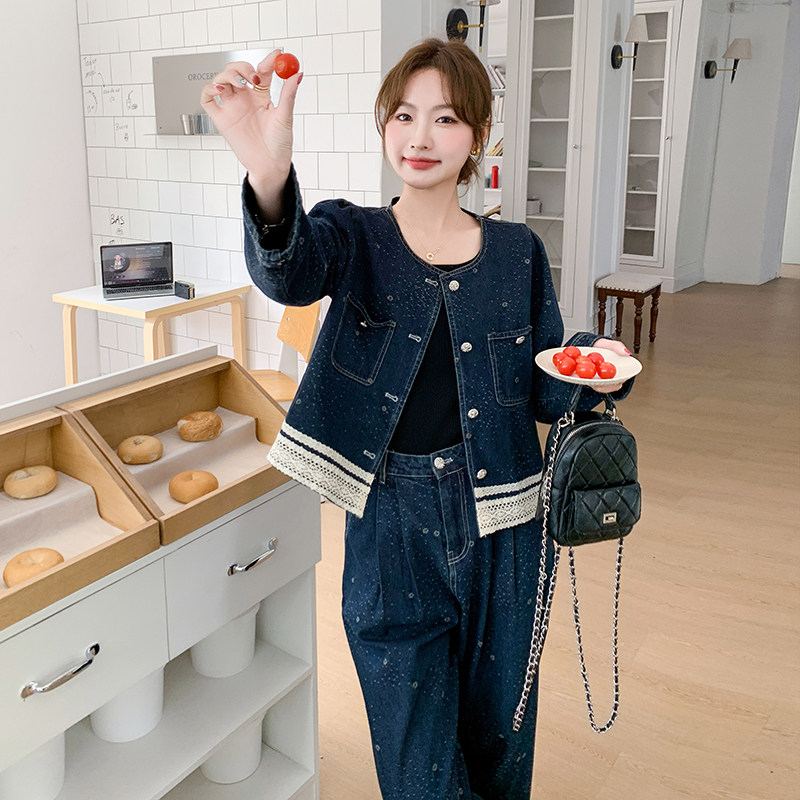 蕾丝拼接牛仔套装女秋季高级感外套阔腿裤两件套休闲穿搭复古搭配