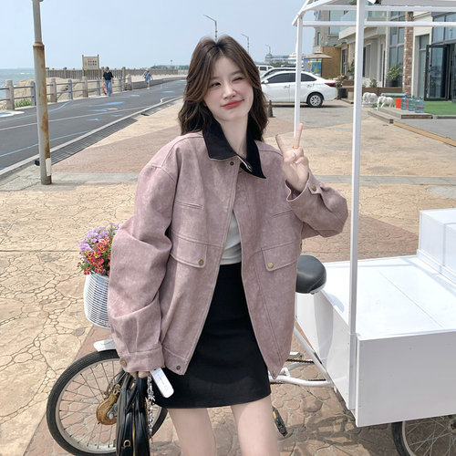 粉色韩系设计感印花工装外套女2025秋新款撞色拼接翻领小个子夹克
