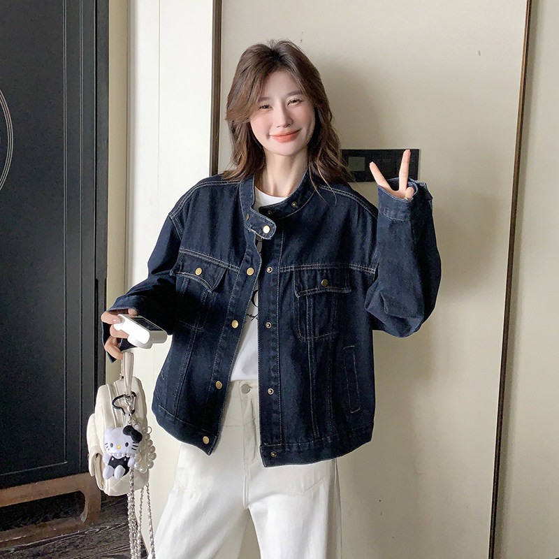 复古设计感立领深色牛仔外套女2025春秋新款韩系短款简约夹克上衣