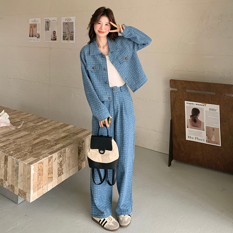 高级感短款牛仔外套直筒阔腿裤两件套女初秋减龄时尚休闲酷飒套装