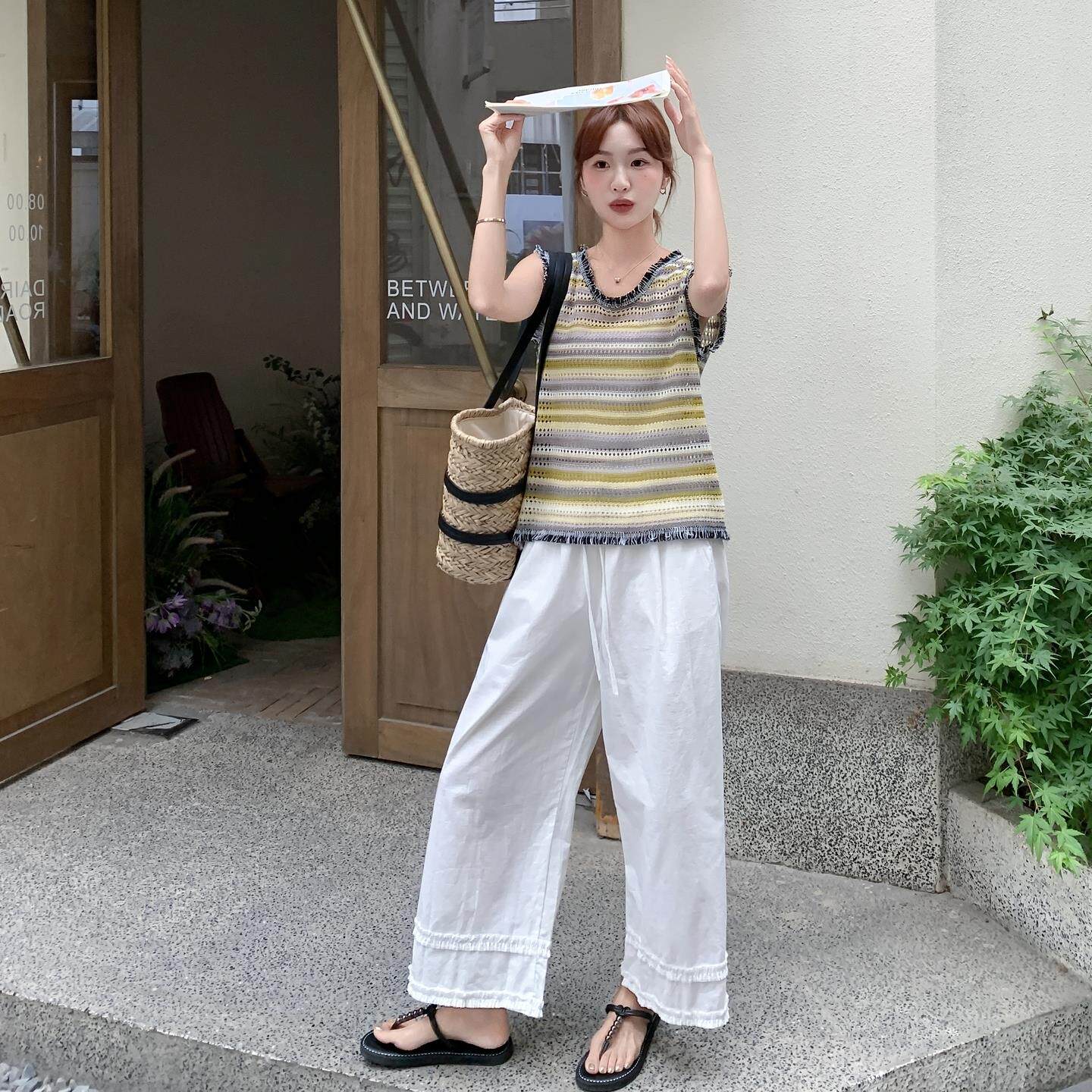 多巴胺设计感无袖条纹背心上衣阔腿裤套装两件套女夏韩系大方得体