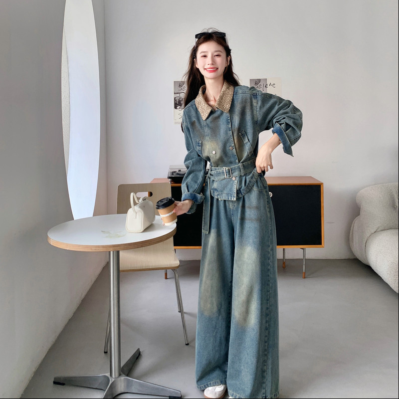 格纹翻领牛仔外套阔腿裤套装女秋季新款收腰高级感气质显瘦两件套