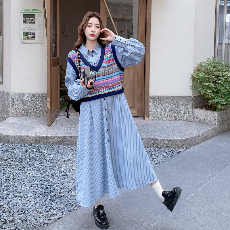 蓝色学院风连衣裙套装女秋2025新款法式针织背心条纹衬衫裙两件套