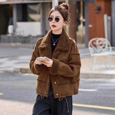 皮毛一体羊羔毛加厚短款外套女冬季新款美拉德鹿皮绒机车服上衣