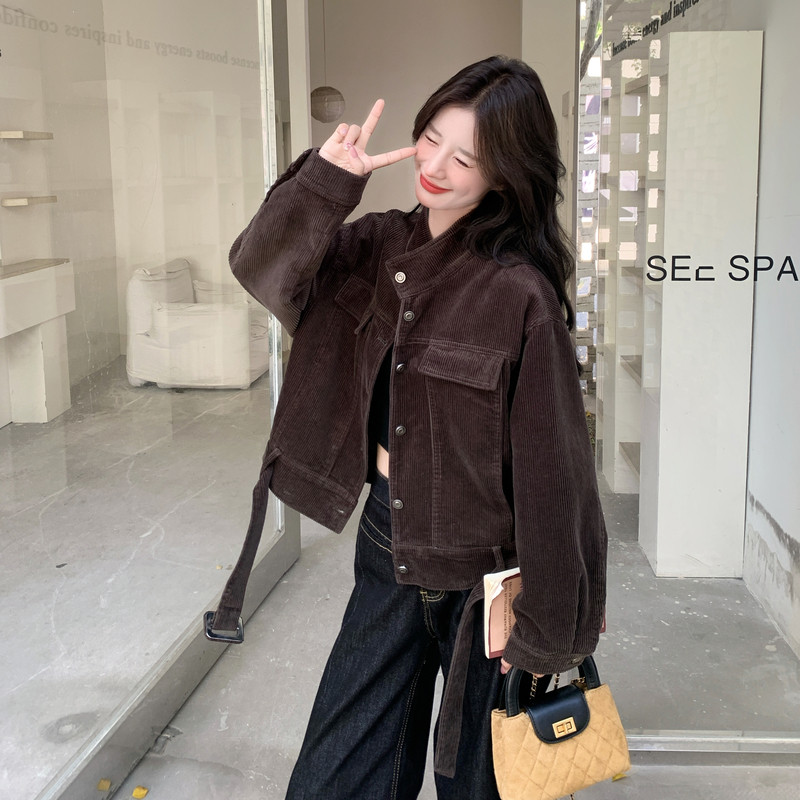 美拉德复古咖色灯芯绒工装短外套女秋季今年流行宽松百搭立领夹克