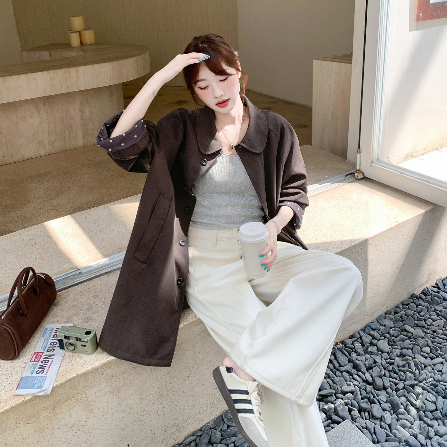 复古慵懒风翻领PU皮衣外套女2026秋季咖色宽松休闲小个子显瘦大衣