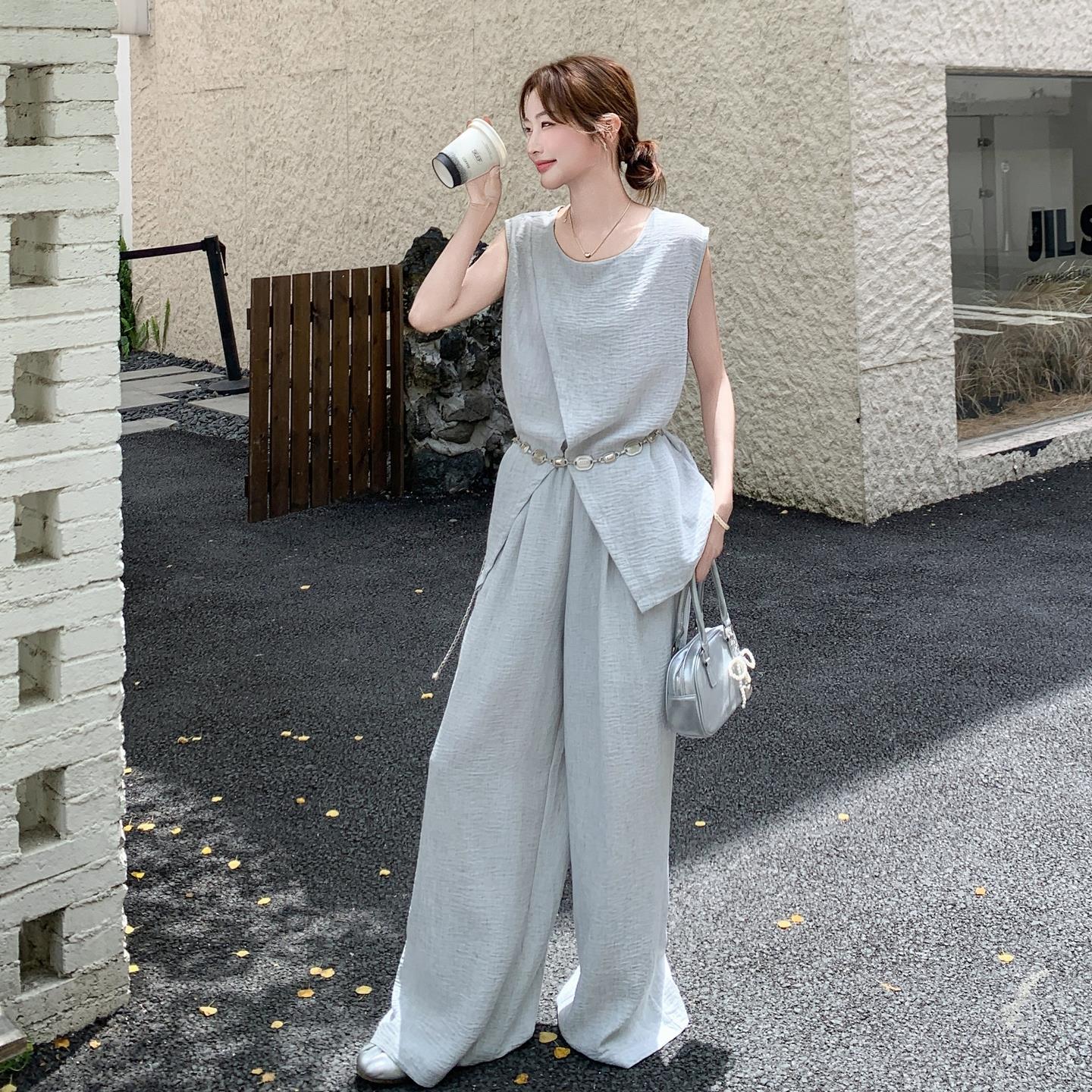 高个子拖地阔腿裤套装女夏装高级感老钱风气质无袖马甲上衣两件套