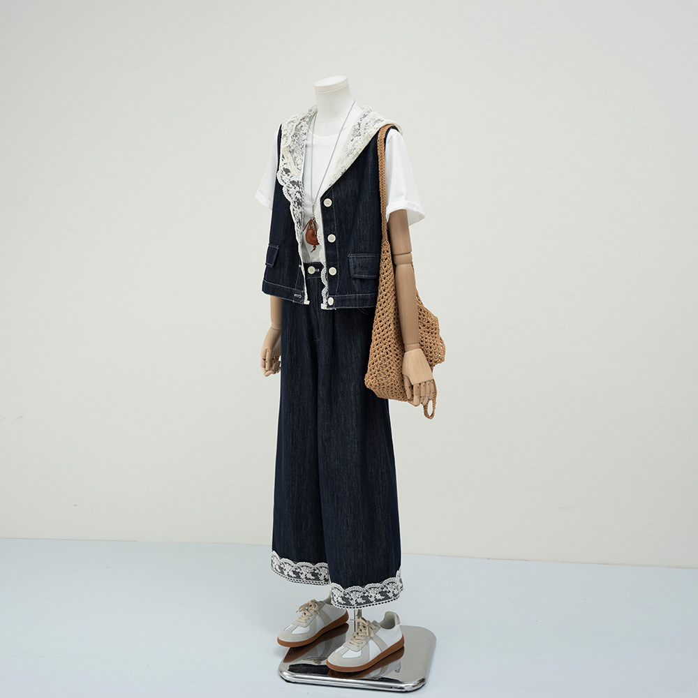 韩系设计感牛仔套装女2025春夏新款蕾丝连帽马甲T恤阔腿裤三件套