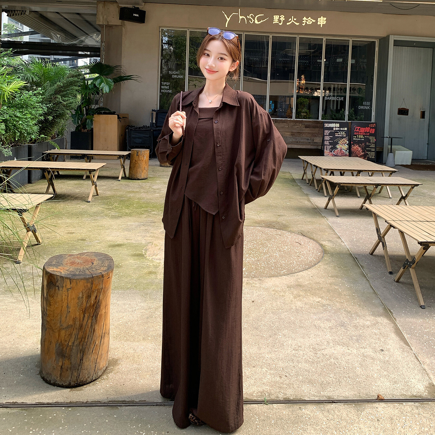 美拉德轻熟风翻领衬衫吊带阔腿裤套装女秋季2026新款巨好看三件套