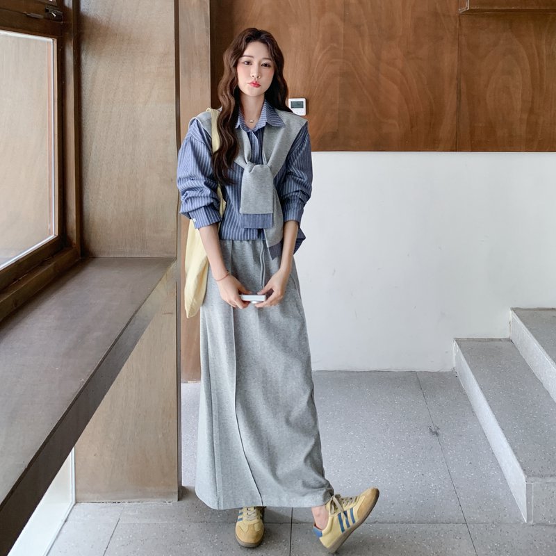 高级感长裙套装女春秋松弛感ootd一整套披肩长袖衬衫半身裙三件套