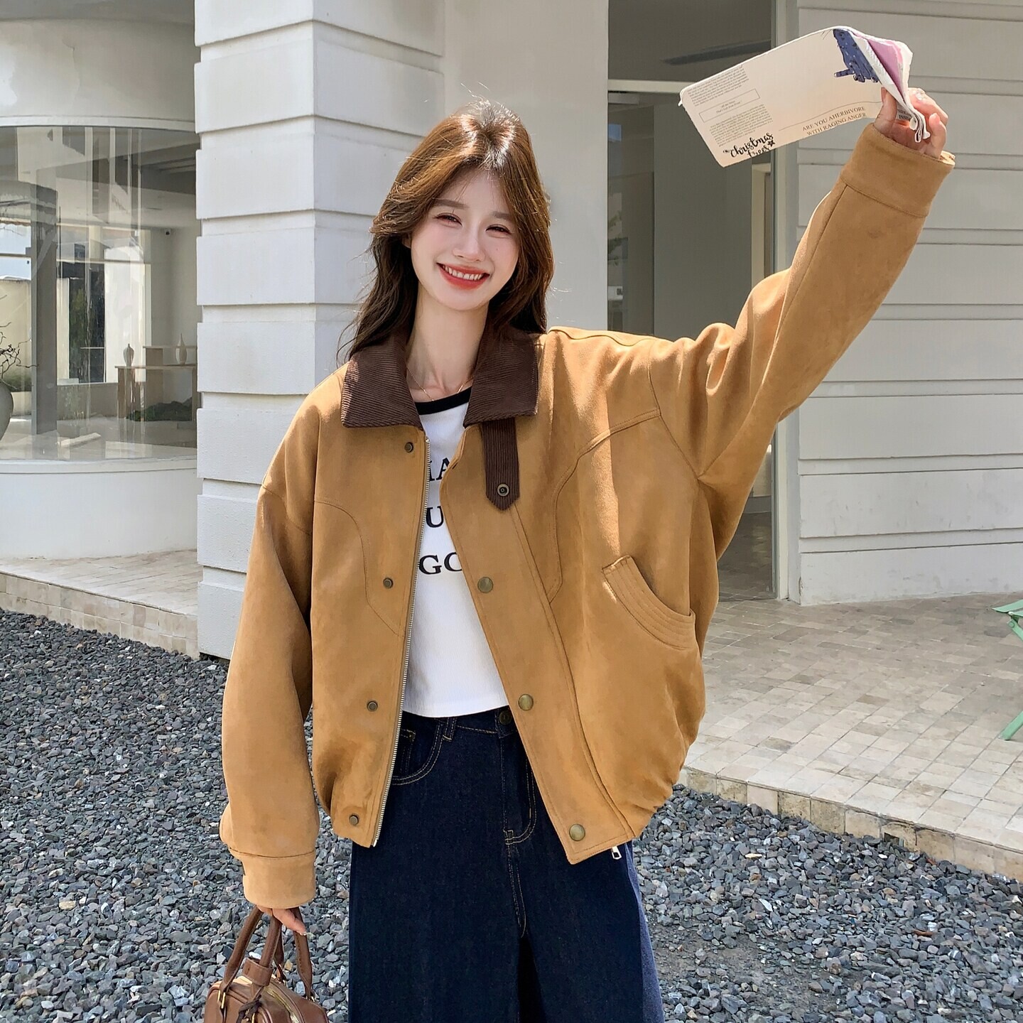 韩系麂皮绒工装短外套女2026秋季新款设计感休闲时尚撞色翻领夹克