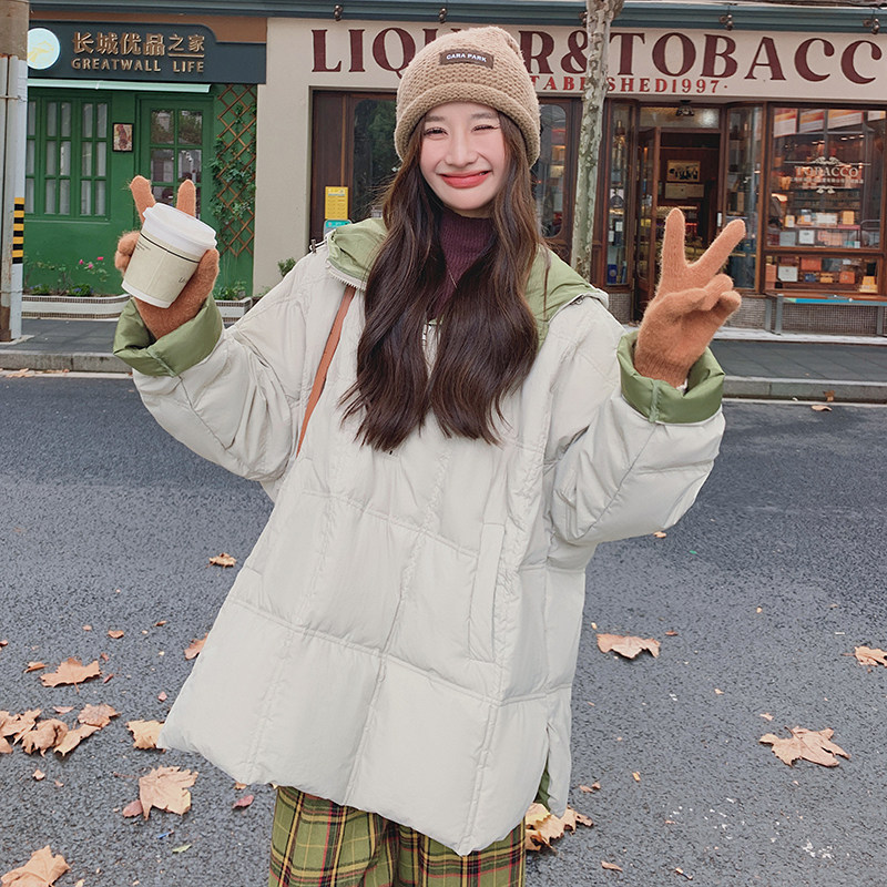 韩系撞色大码羽绒服女冬季胖MM宽松遮肉孕妇显瘦中长款白鸭绒外套