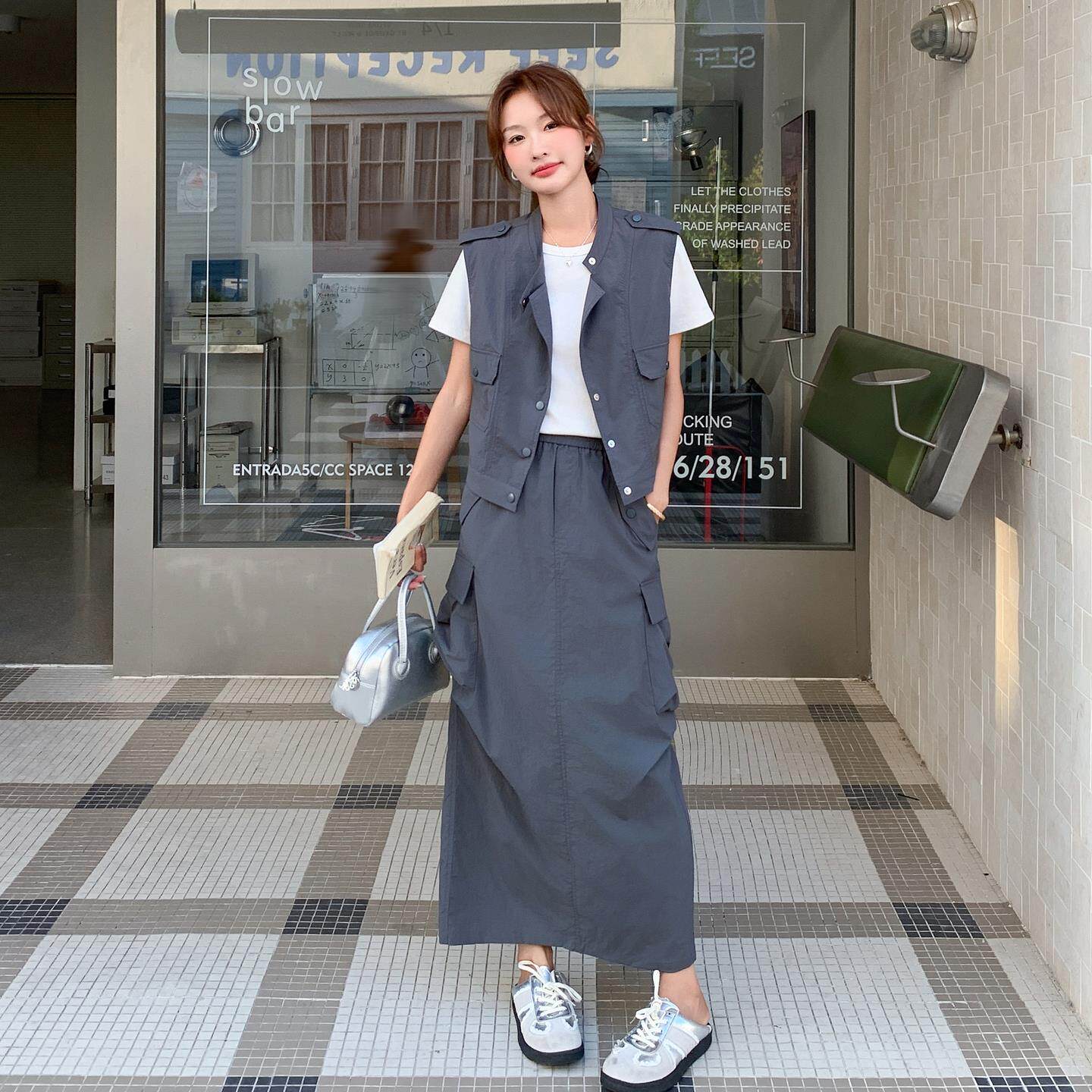 欧货减龄休闲工装套装长裙女夏季新款时尚短袖衬衫半身裙两件套潮