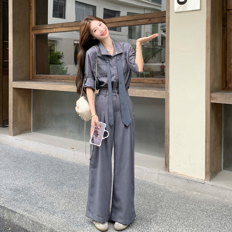 灰色老钱风飘带衬衫长裤套装女秋季新款简约通勤气质高级感两件套