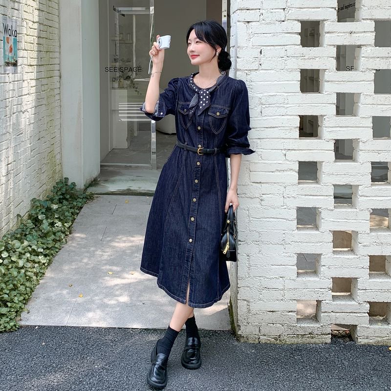 港味复古牛仔连衣裙女中长款秋装新款收腰显瘦小众领结长袖衬衫裙