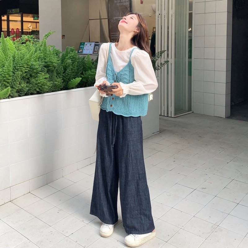 韩系休闲针织吊带阔腿裤套装女春秋新款法式长袖衬衣高级感三件套