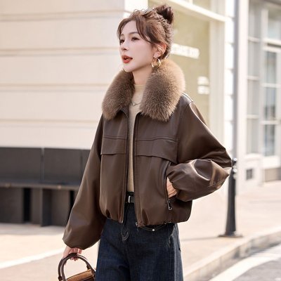 高级感加绒加厚PU皮外套女冬季新款小个子毛领短款皮夹克洋气皮衣
