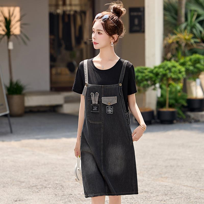 牛仔背带连衣裙女中长款夏装薄款减龄宽松显瘦气质休闲假两件裙子