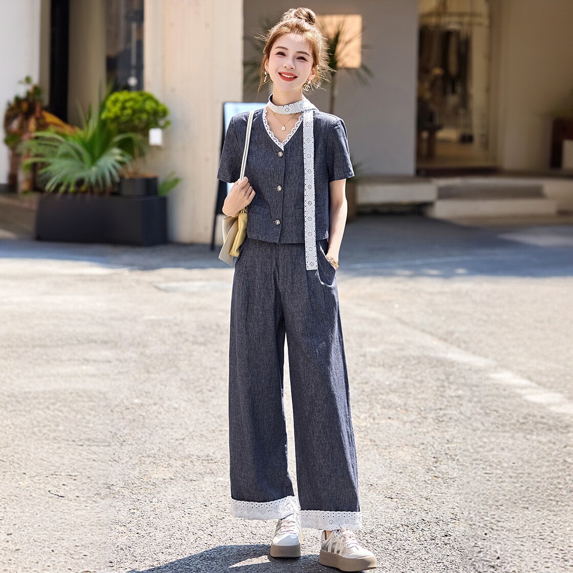 时尚阔腿裤套装女夏季新款休闲气质短袖上衣流行一整套穿搭两件套