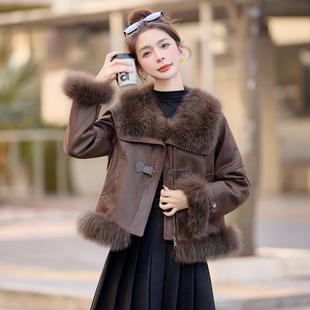 欧货高端狐狸毛短款羽绒服女冬季新款皮毛一体白鸭绒鹿皮绒短外套