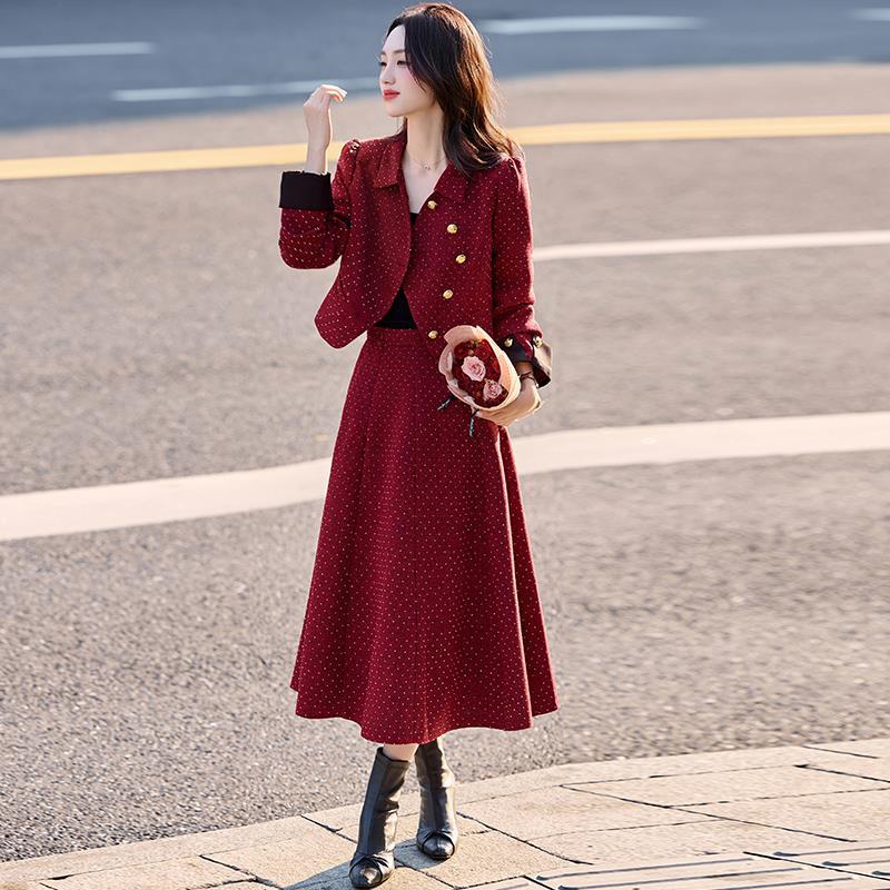 小香风套装裙女秋冬毛呢气质名媛两件套敬酒服新娘回门服订婚礼服