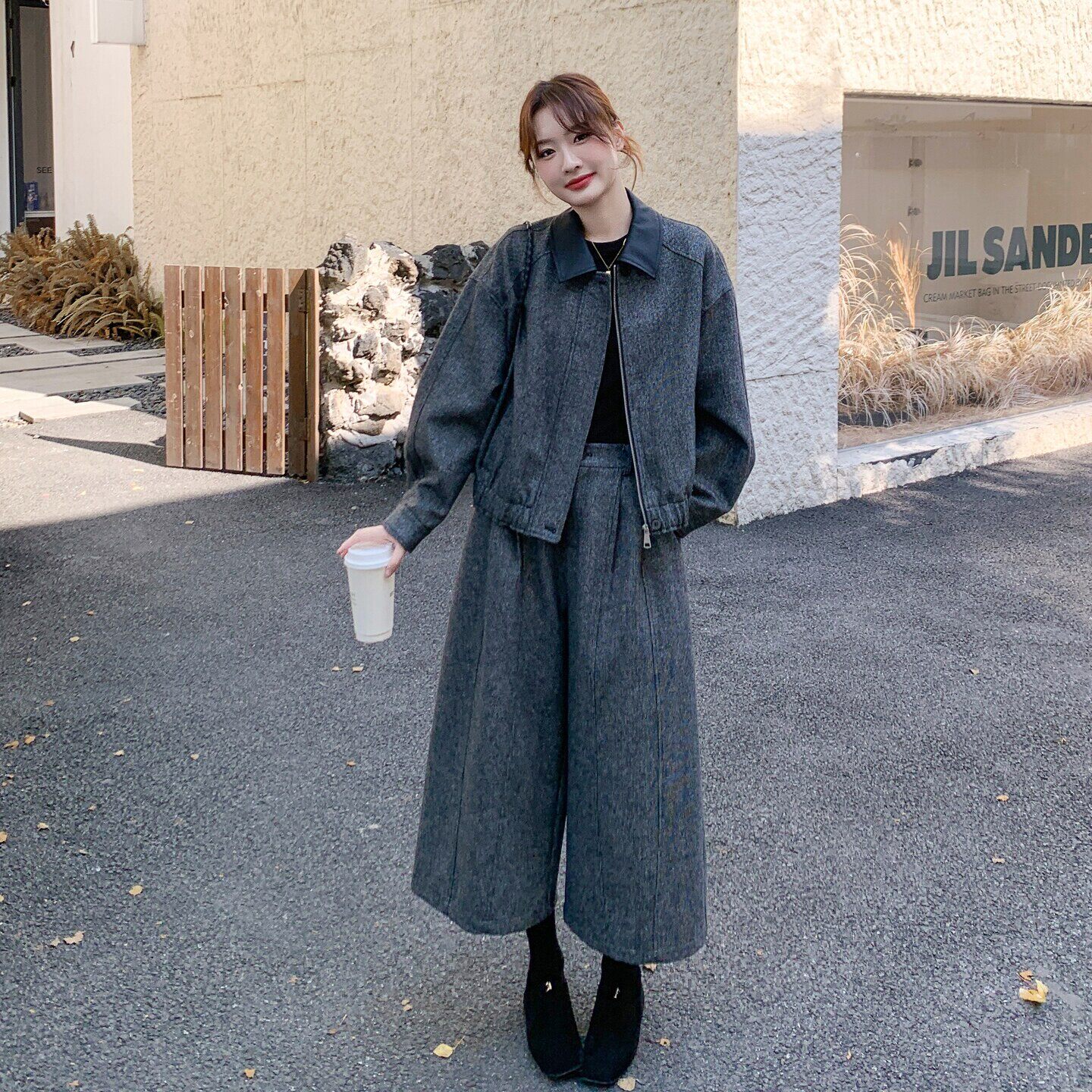 老钱风拼皮翻领外套阔腿裤套装女秋季新款宽松休闲两件套又酷又飒