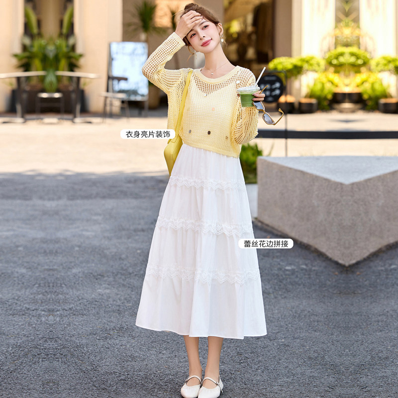 超仙度假风连衣裙套装女夏新款法式亮片针织镂空罩衫吊带裙两件套
