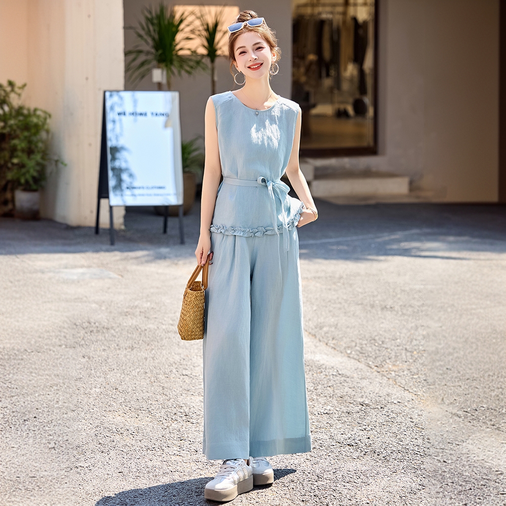 轻职风时尚阔腿裤套装休闲穿搭系带木耳边无袖小衫两件套女