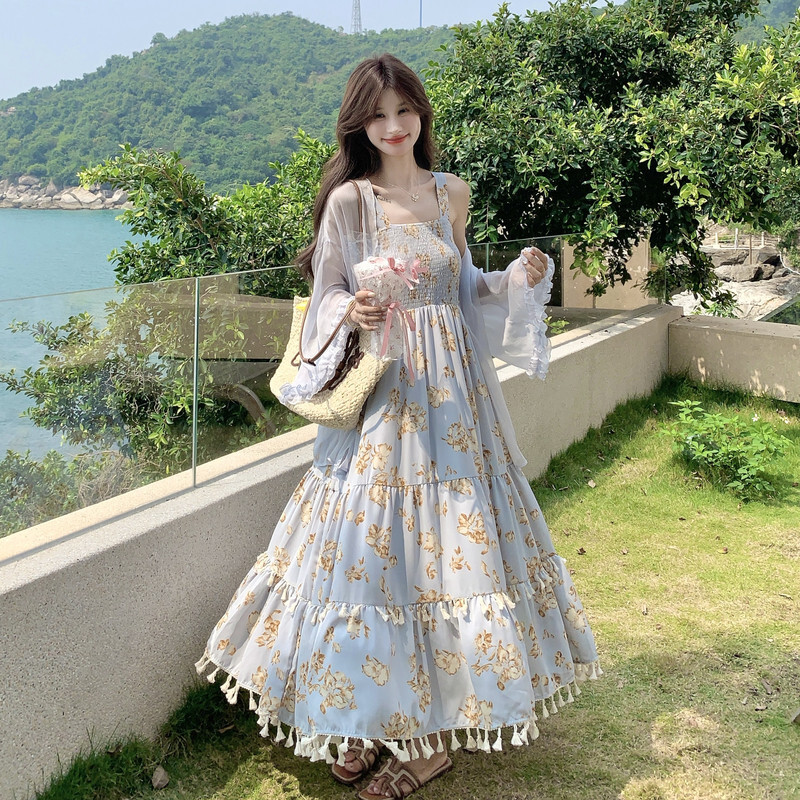 木耳拼接衫印花流苏吊带裙