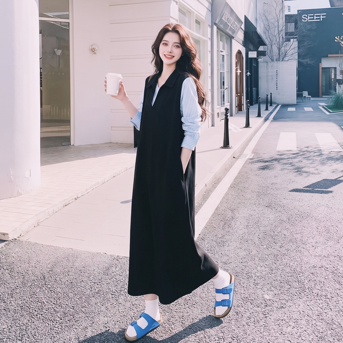 长袖条纹拼接假两件连衣裙套装女